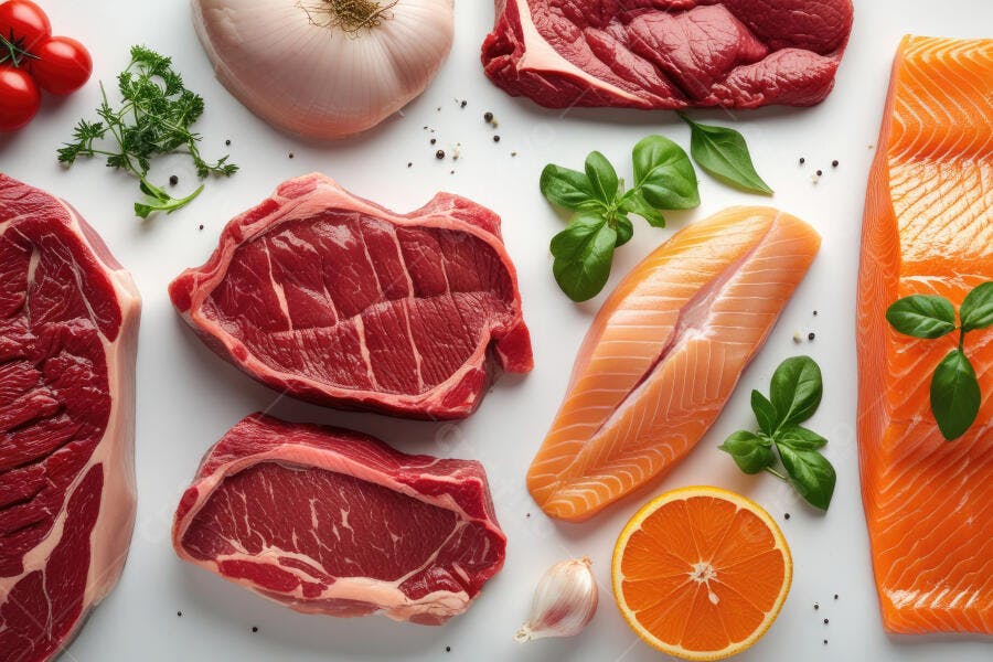 Foto Carnes Vermelhas Salmão Frutas Legumes Flat Lay