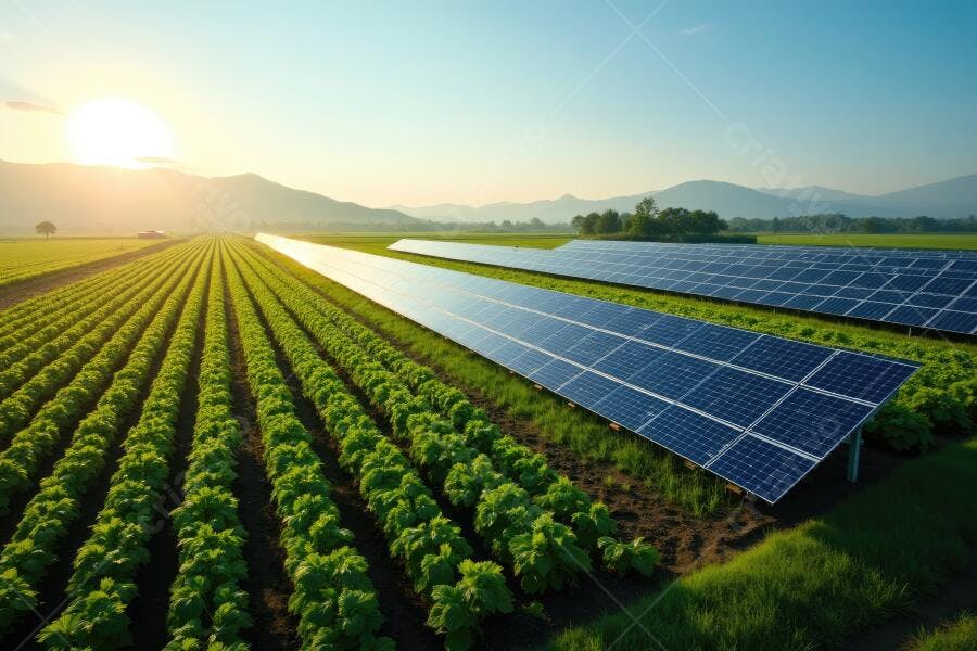 Foto Painéis Solares Campo Agrícola Energia Renovável Pôr do Sol