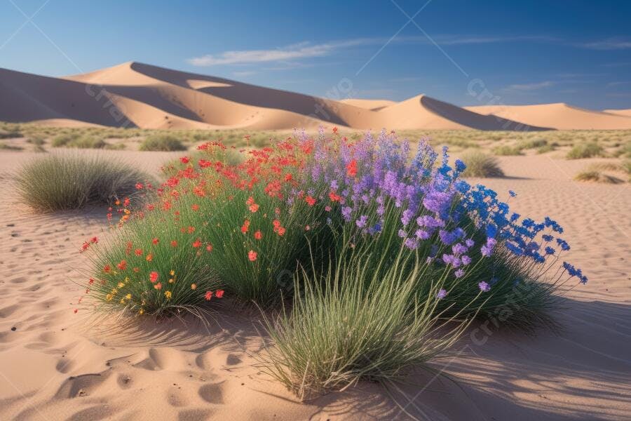 Foto Flores Coloridas Deserto Dunas Areia Céu Azul