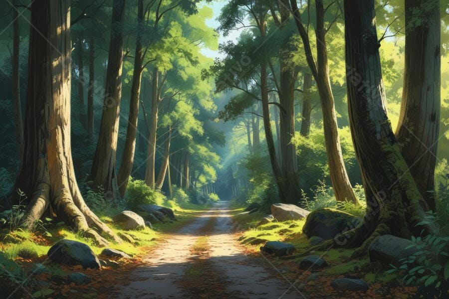 Caminho Floresta Ensolarada Árvores Altas Natureza Verde