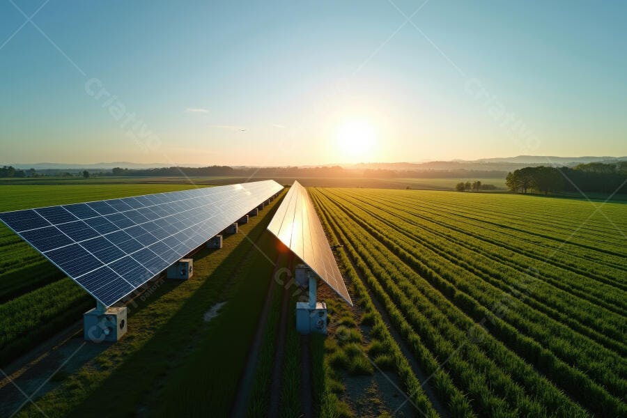 Foto Painéis Solares Campo Verde Pôr do Sol Energia Limpa