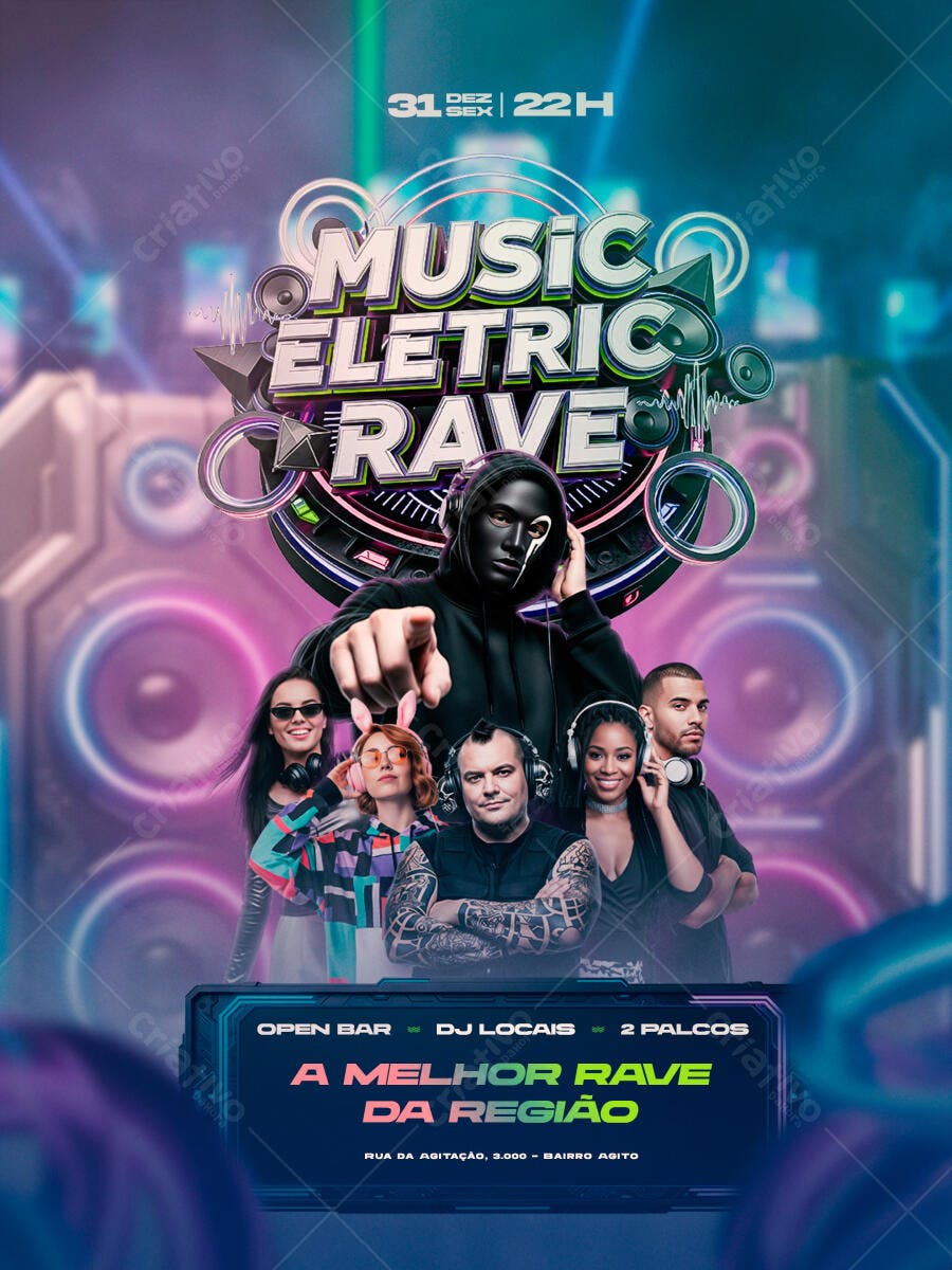 Flyer Festa Rave Música Eletrônica PSD Editável