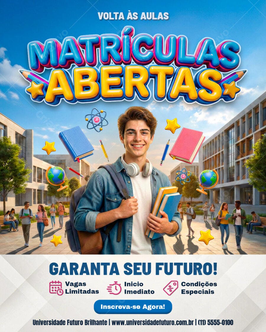 Flyer Volta às Aulas Matrículas Abertas Educação PSD Editável