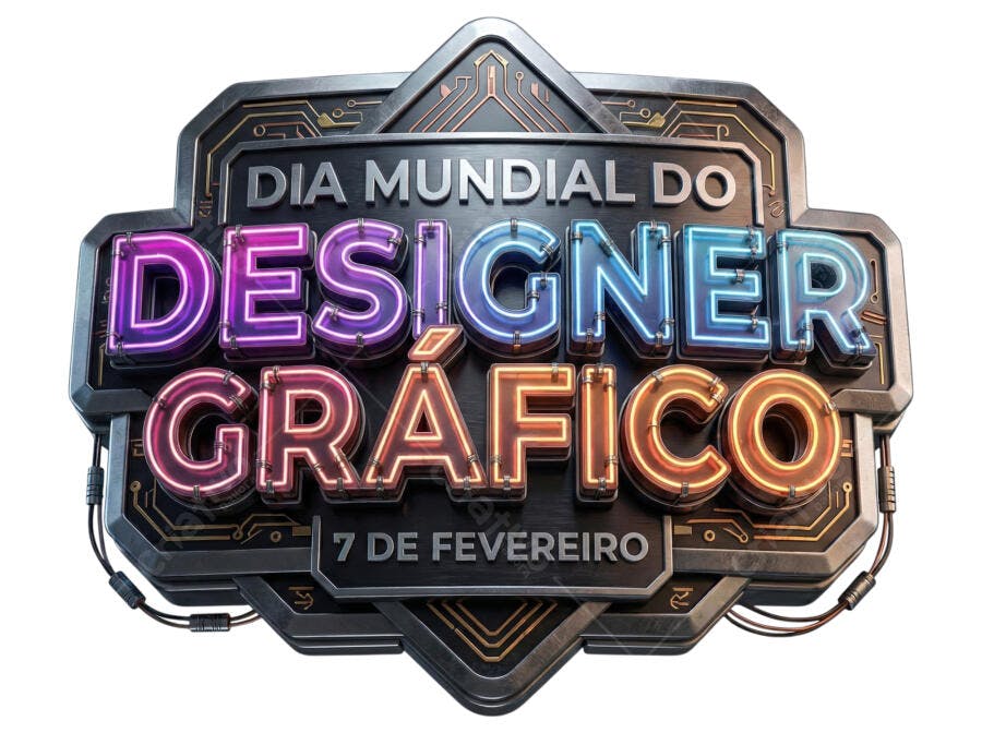 Selo 3D Dia Mundial do Designer Gráfico Neon Metálico PNG