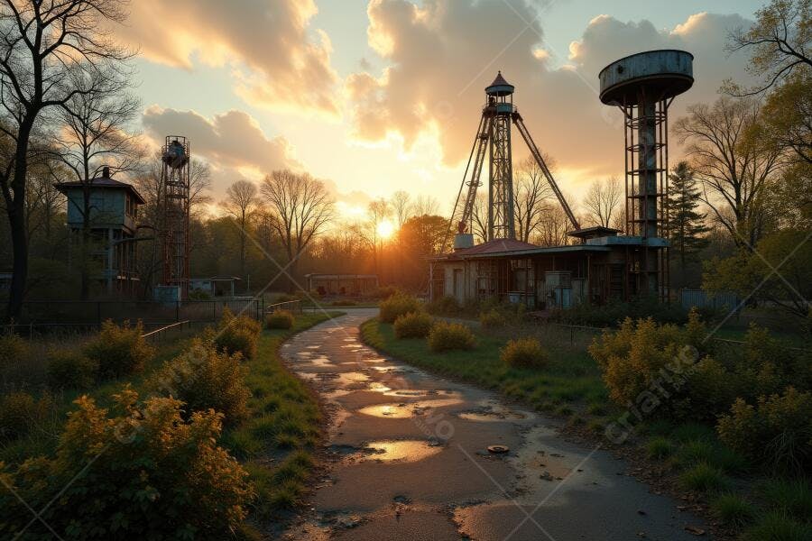 Foto Cenário Industrial Abandonado Pôr do Sol Dourado