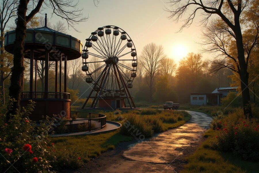 Foto Roda Gigante Parque Abandonado Pôr do Sol Dourado
