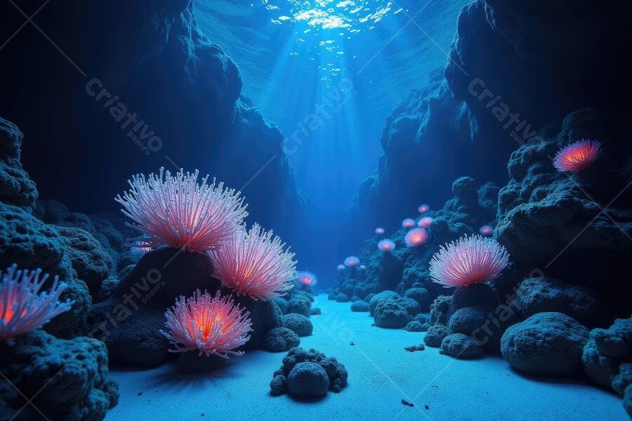 Foto Corais Anêmonas Rosas Fundo do Mar Oceano Azul Profundo
