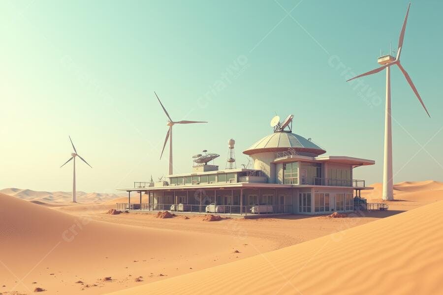 Foto Estação de Pesquisa Deserto com Turbinas Eólicas