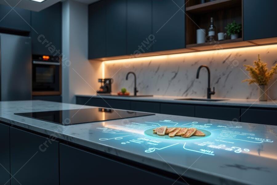 Foto Cozinha Moderna Inteligente com Tecnologia Holográfica Alimentos