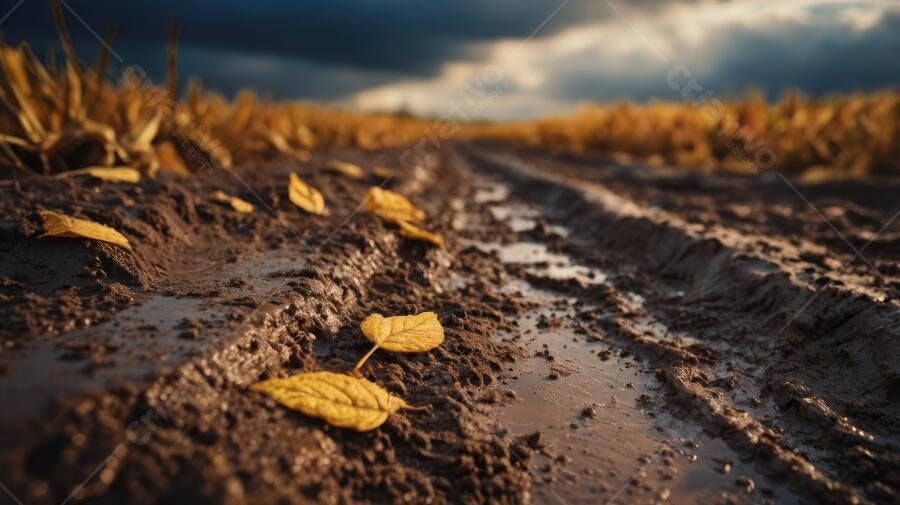 Foto Trilha de Terra Barrenta com Folhas Caídas Campo Rural