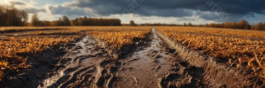 Foto Campo de Terra Molhada com Marcas de Pneu e Céu Nublado