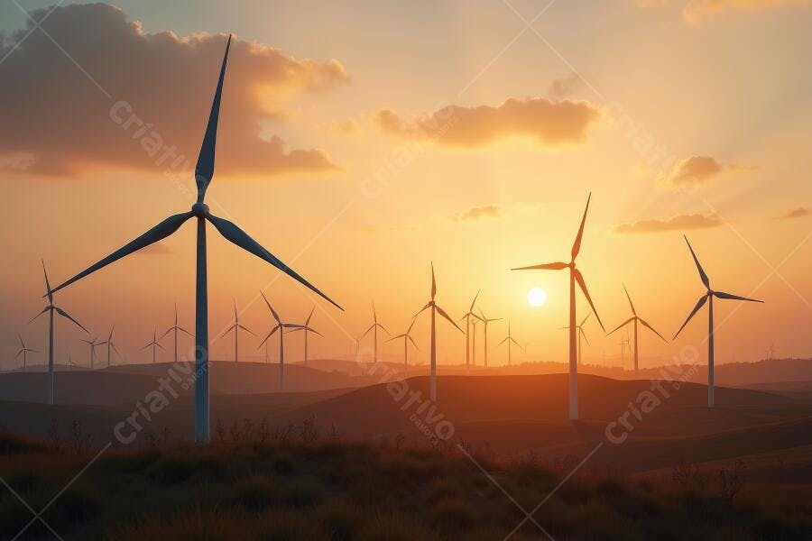 Foto Energia Eólica Pôr do Sol Campo com Aerogeradores