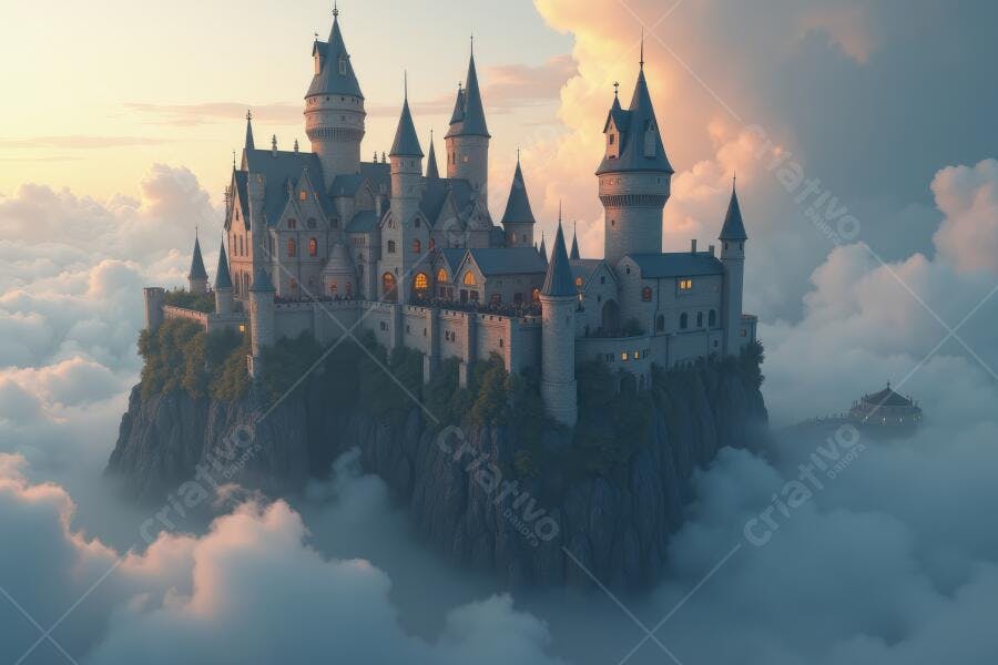 Castelo Encantado Flutuando Nuvens Céu Dourado Fantasia