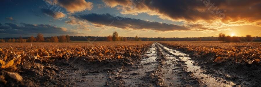 Foto Paisagem Rural Campo de Terra com Pôr do Sol Dourado