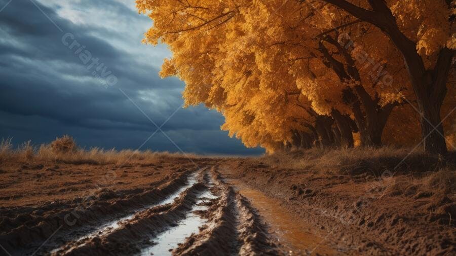 Foto Estrada de Terra Outono Árvores Amarelas Céu Nublado
