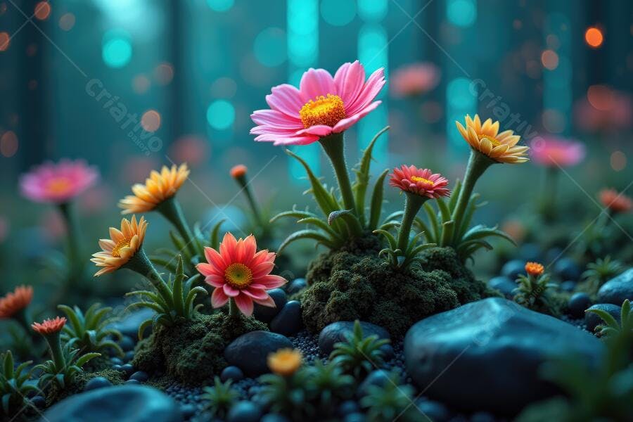 Foto Flores Coloridas Jardim Encantado Iluminação Azul Bokeh