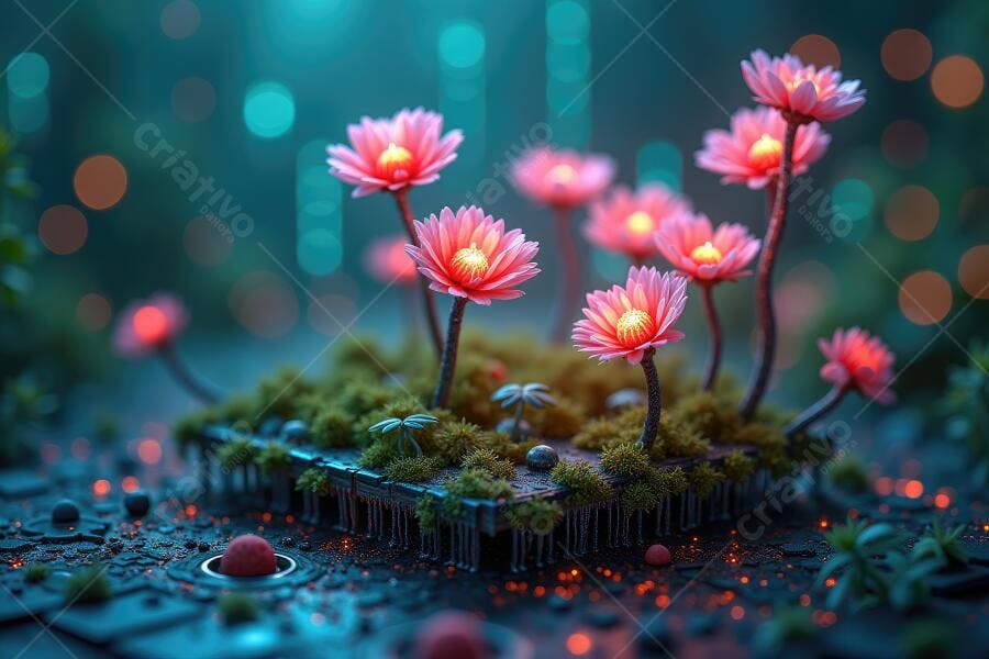 Foto Flores Digitais Rosa Brilhantes Placa de Circuito Tech