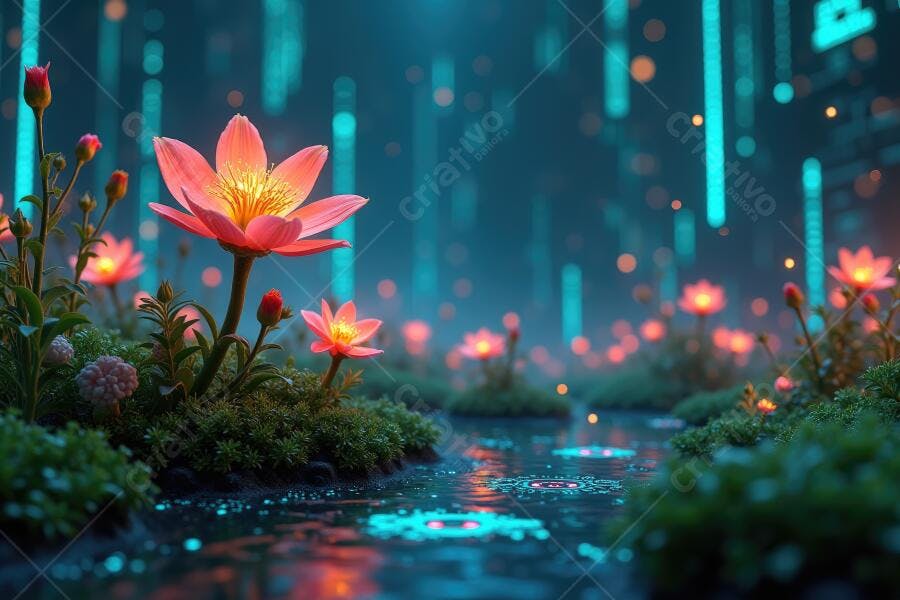 Foto Lótus Rosa Brilhante Rio Noturno Luzes Digitais