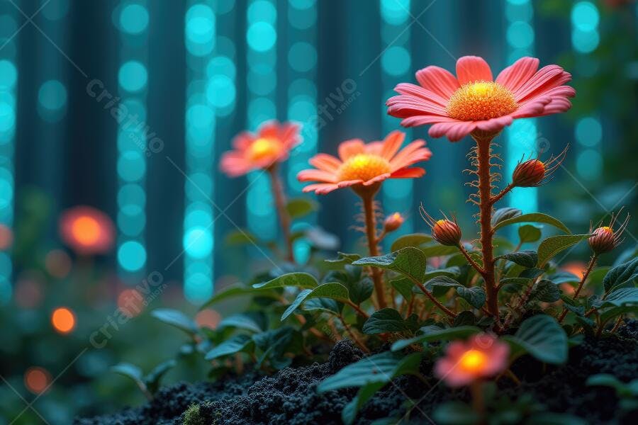 Foto Flores Laranjas Jardim Noturno Iluminação Neon Bokeh