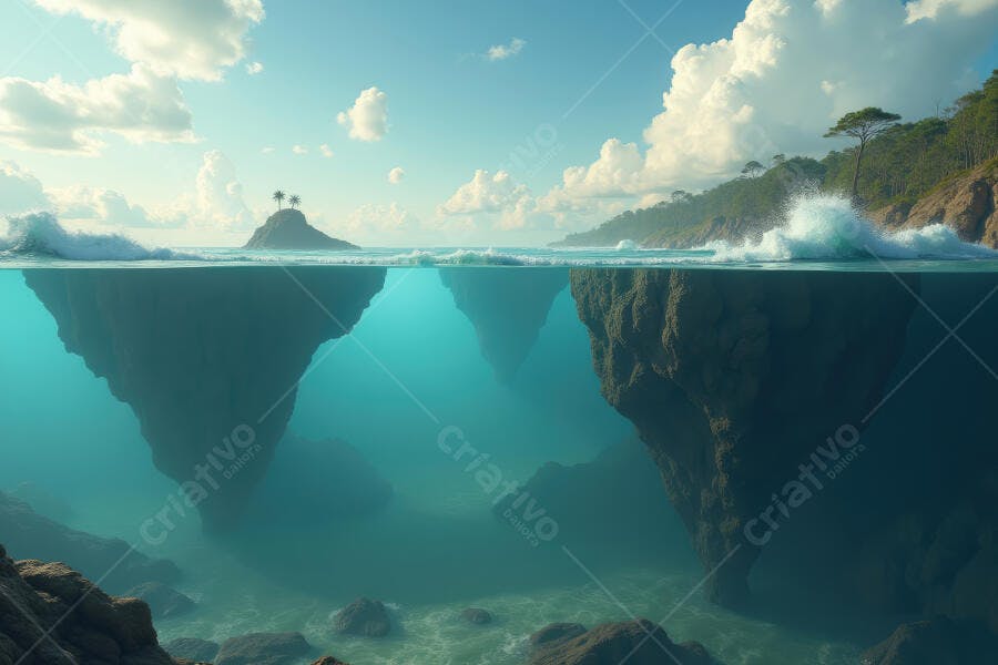 Foto Ilha Tropical Submersa Mar Azul Claro Ondas
