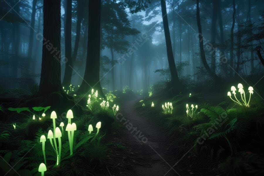 Foto Floresta Noturna Cogumelos Bioluminescentes Caminho Místico