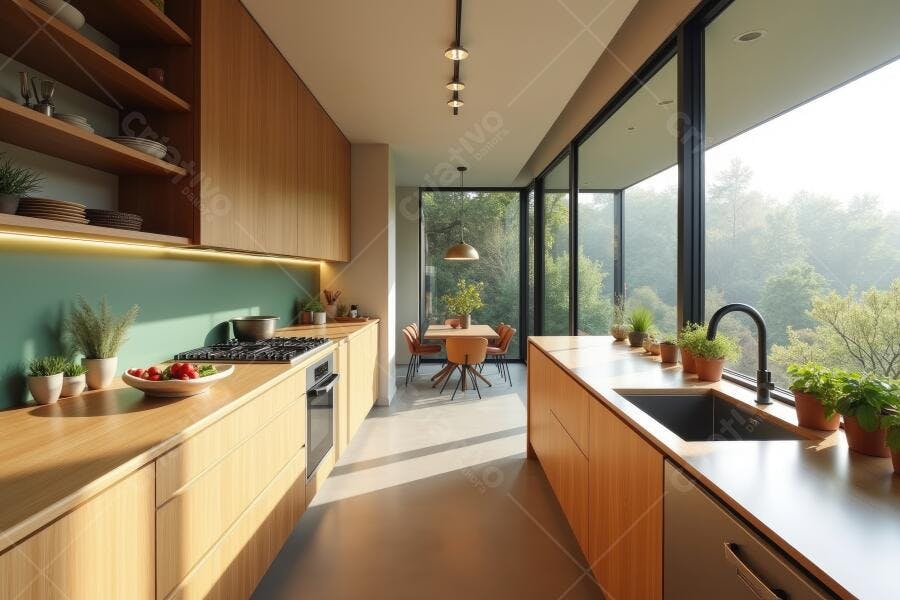 Foto Cozinha Moderna Madeira e Verde com Vista Panorâmica