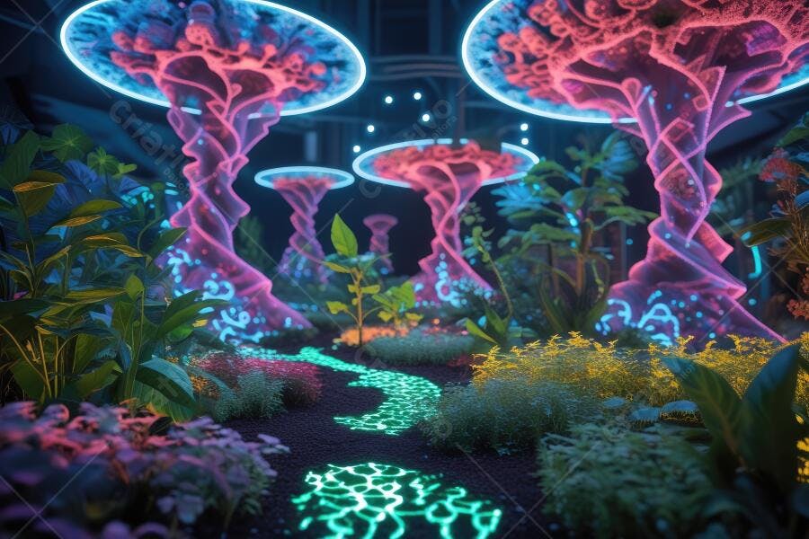 Foto Floresta Fantástica Cogumelos Neon Luzes Azuis Rosas