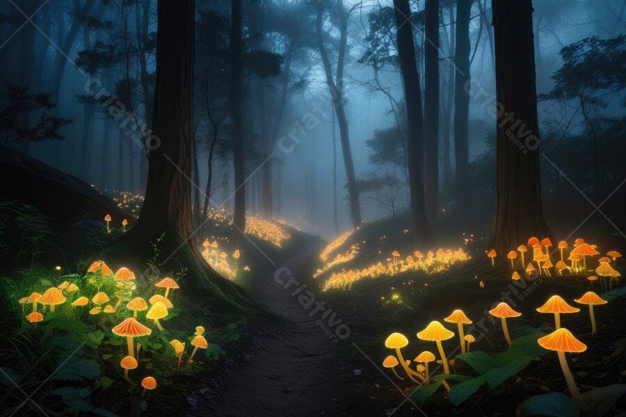 Foto Floresta Mística Cogumelos Brilhantes Caminho Escuro