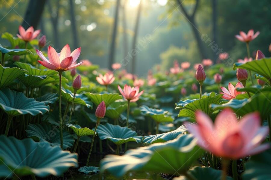 Foto Flores de Lótus Rosas Campo Verde Manhã Dourada