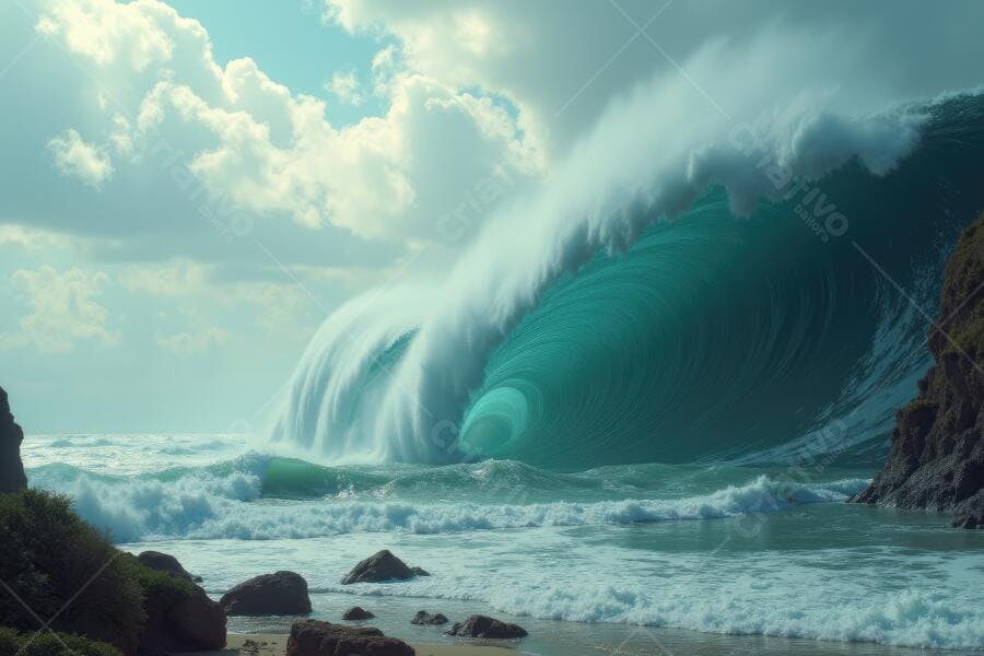 Foto Onda Gigante Quebrando Praia Rocha Céu Nublado