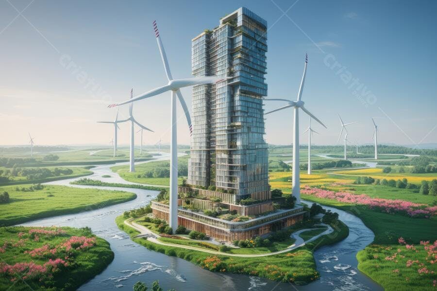 Foto Prédio Moderno Energia Eólica Sustentabilidade Urbana
