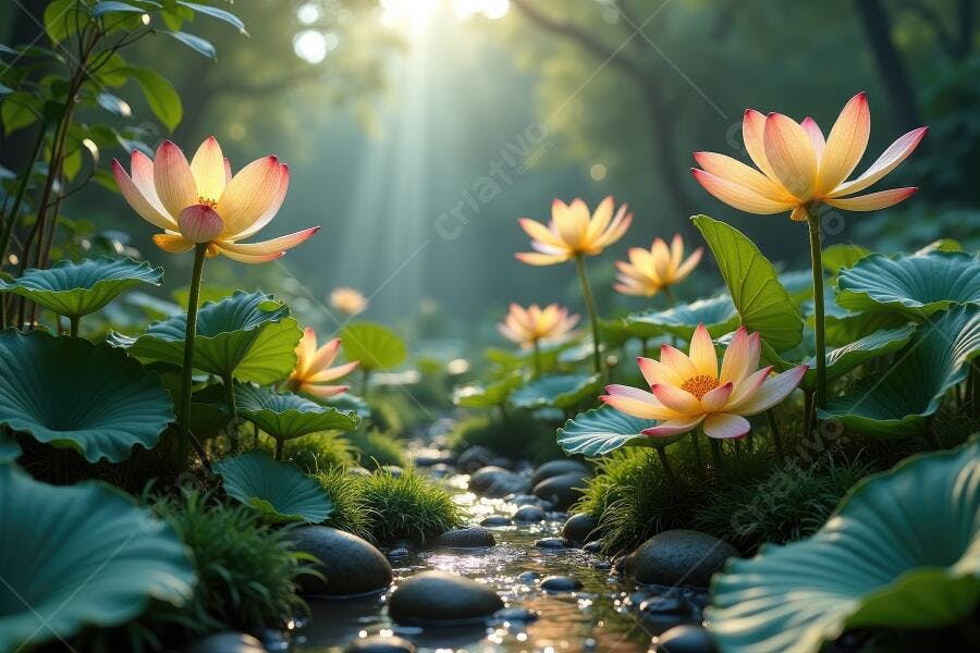 Foto Flor de Lótus Rosa e Branca Rio Floresta Luz Solar