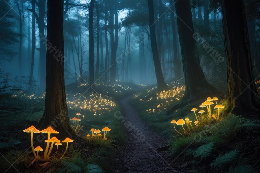 Foto Floresta Encantada Cogumelos Brilhantes Caminho Místico