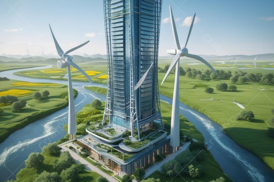 Foto Edifício Sustentável Moderno com Turbinas Eólicas Energia Limpa