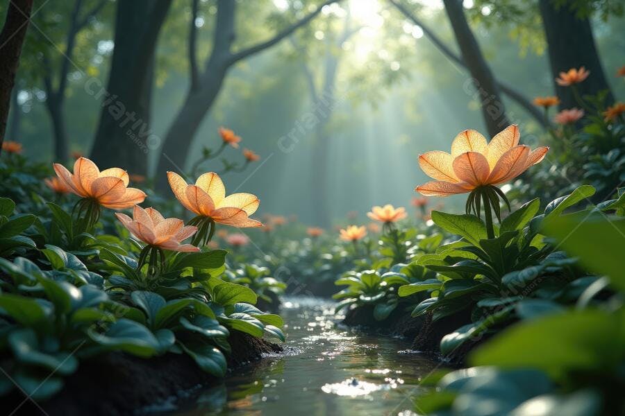 Foto Flores Laranjas Brilhantes Riacho Floresta Iluminada