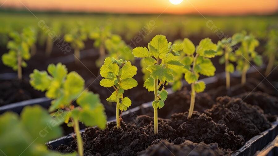 Foto Mudas Verdes Crescendo Solo Fértil Pôr do Sol