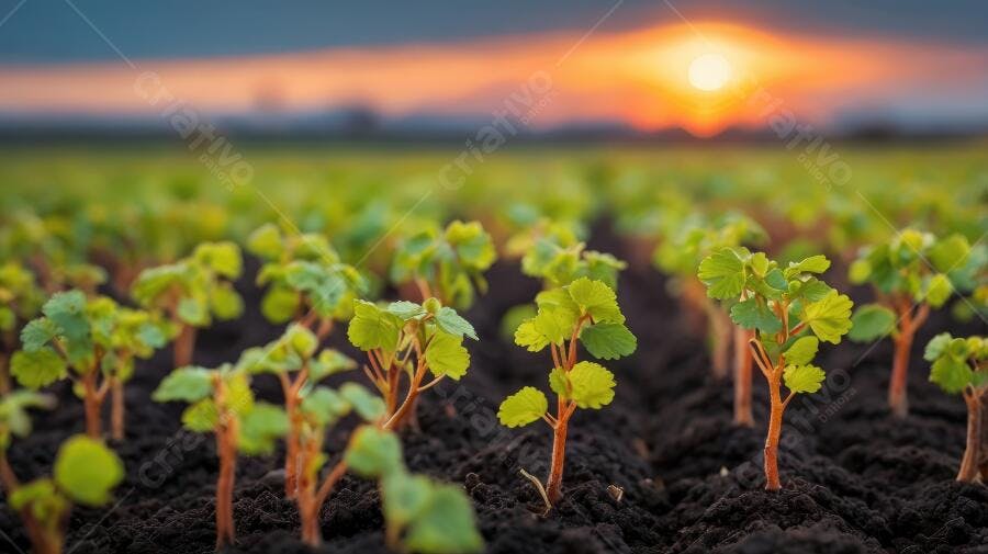 Foto Brotos Verdes Crescendo Campo Agrícola Pôr do Sol