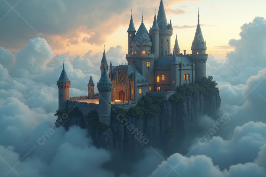 Castelo Mágico Flutuando Nuvens Céu Entardecer Fantasia