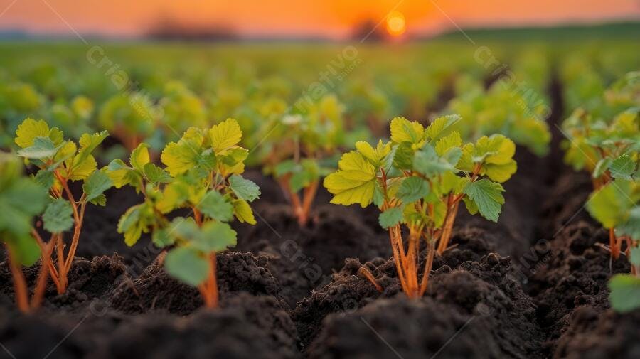 Foto Plantas Jovens Brotos Crescendo Campo Agrícola Pôr do Sol