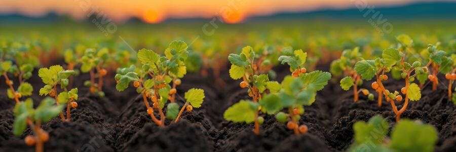 Foto Brotos Verdes Crescendo Terra Fértil Pôr do Sol