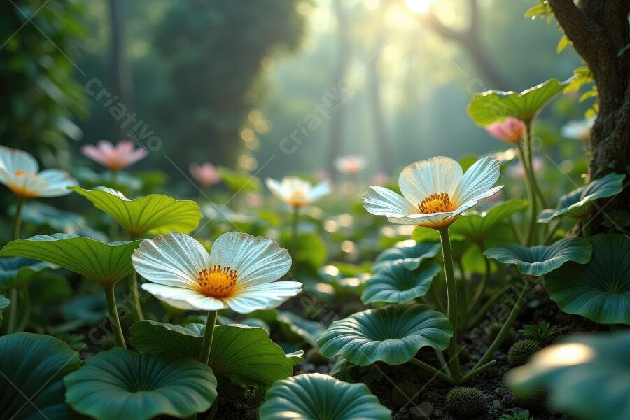Foto Flores Brancas Lótus Jardim Manhã Luz Dourada