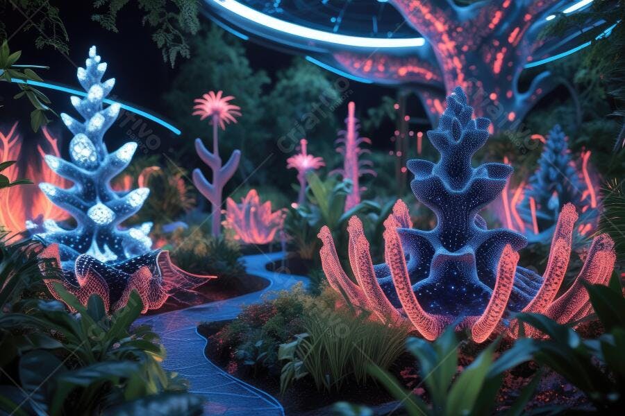 Foto Jardim Neon Alienígena Futuro Iluminação Azul Rosa