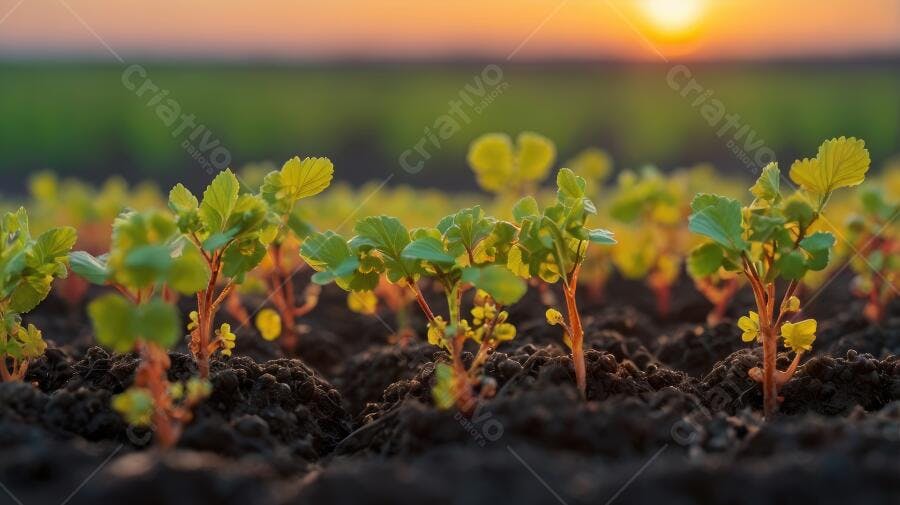Foto Mudas Verdes Crescendo Terra Fértil Nascer do Sol