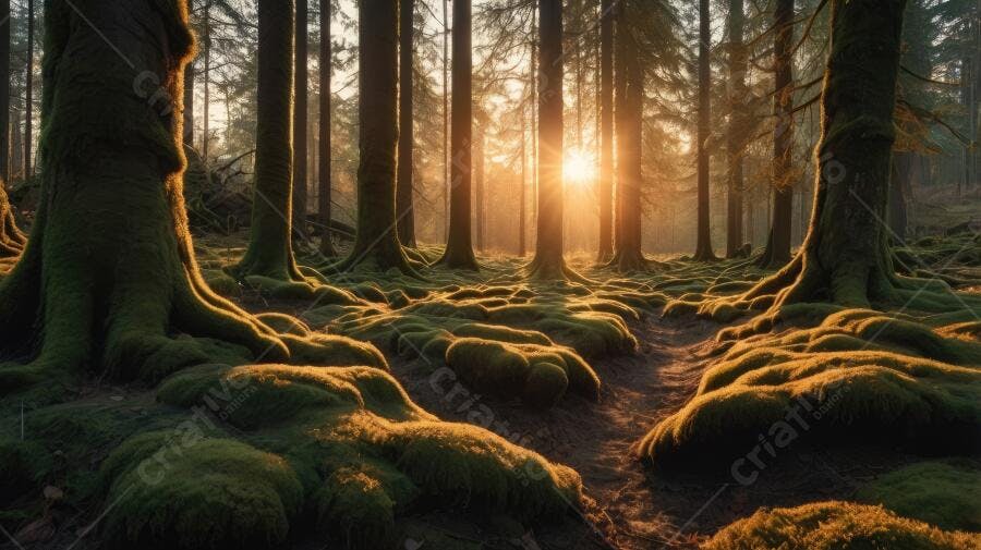 Foto Floresta Pinheiros Raízes Musgo Nascer do Sol