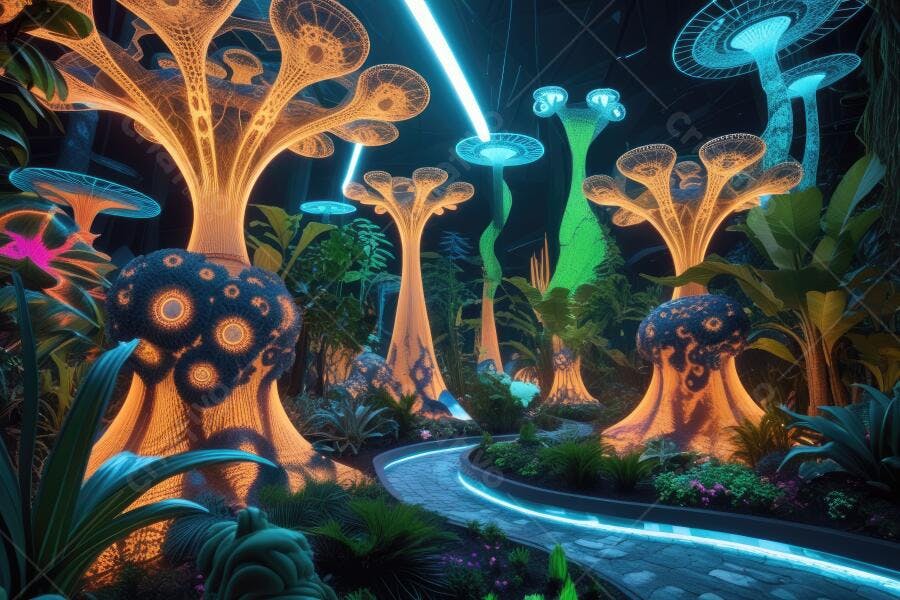 Foto Floresta Fantástica Cogumelos Fluorescentes Neon Sci-Fi
