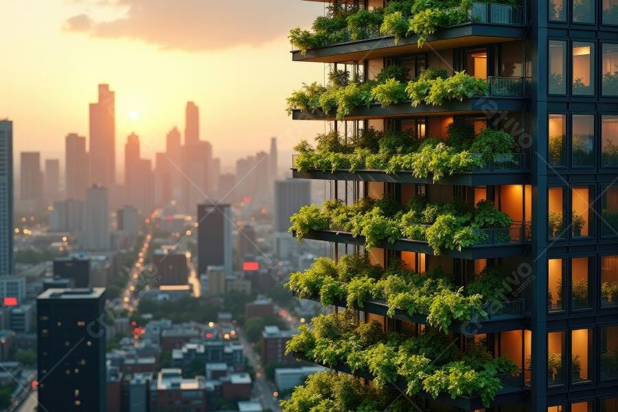 Foto Edifício Verde Urbano Pôr do Sol Cidade Moderna