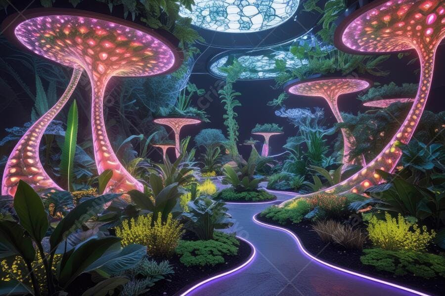 Paisagem Fantástica Cogumelos Fluorescentes Floresta Mágica Noturna