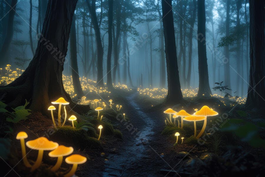 Foto Floresta Mística Cogumelos Brilhantes Caminho Escuro