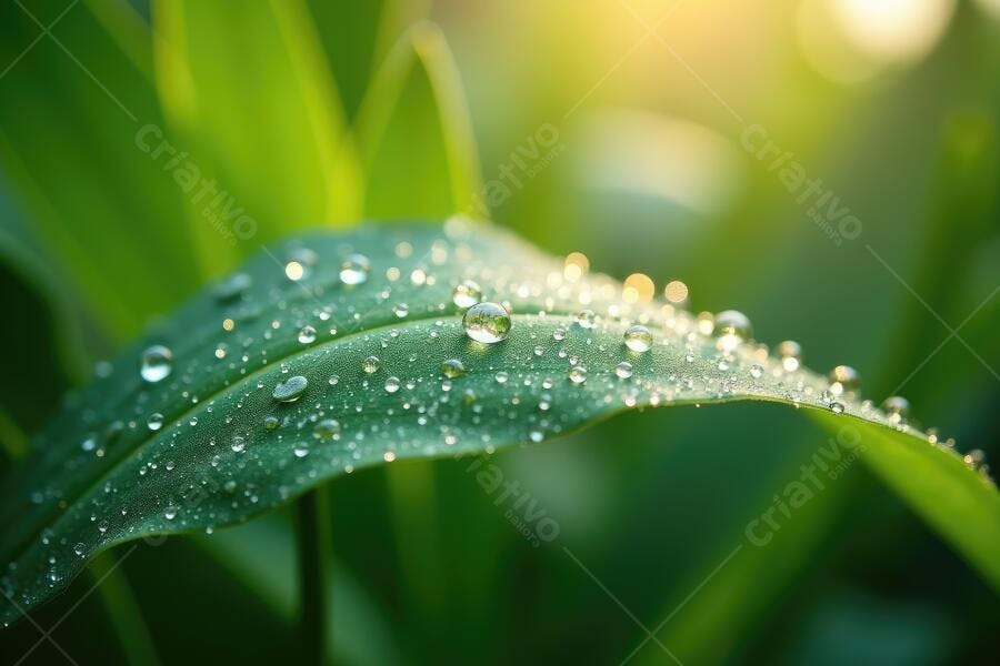 Foto Folha Verde com Gotas de Orvalho Luz Solar Natural