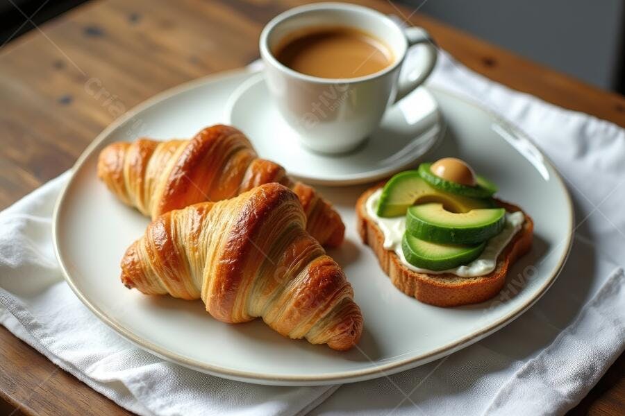 Foto Café da Manhã Croissant Torrada Abacate Espresso Mesa Madeira